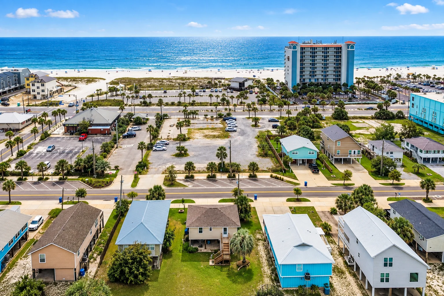 Neighborhood and Gulf Shores beach from the air, Beach Cottage