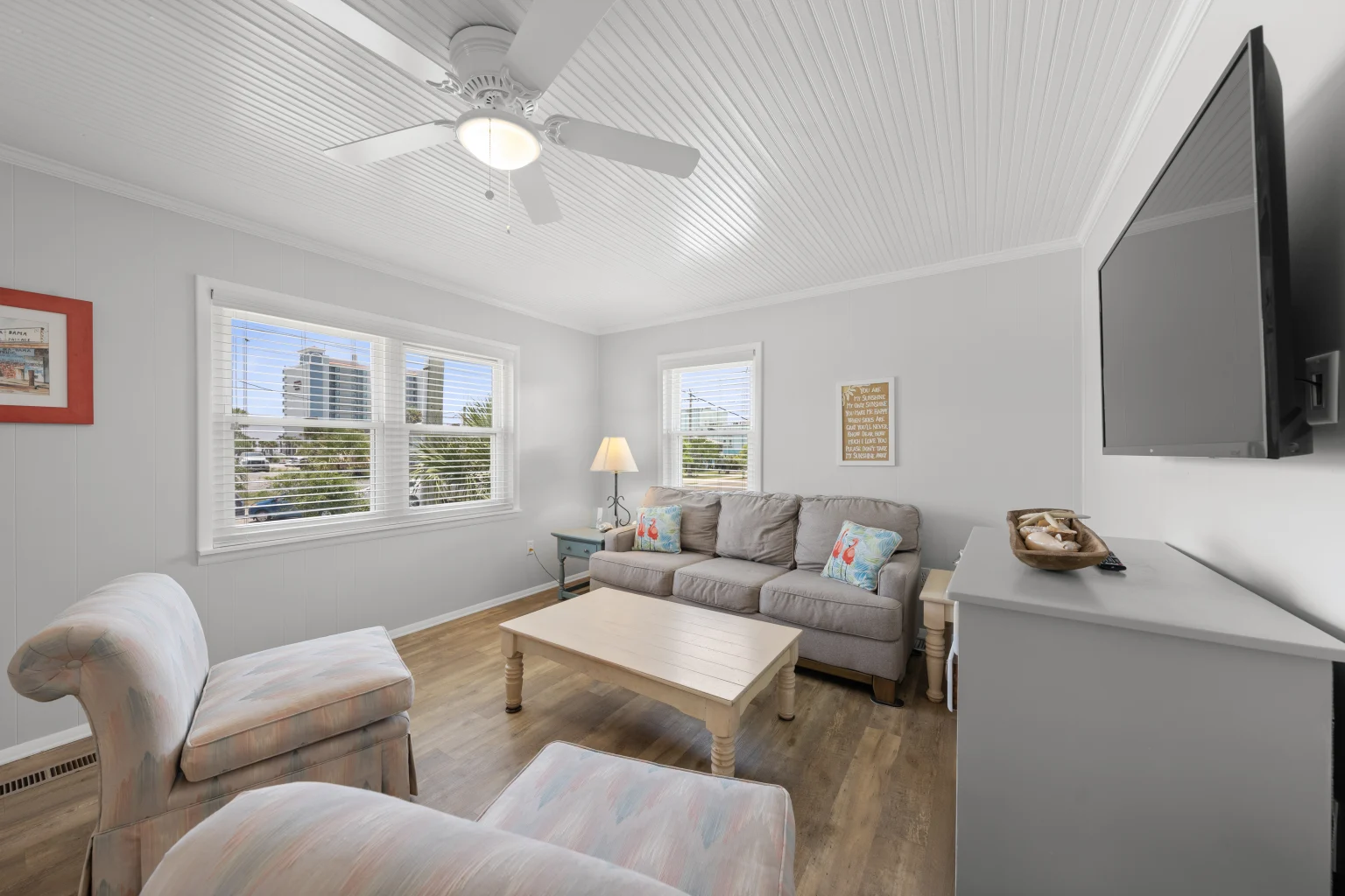 Living room with Gulf Shores views out the window, Beach Cottage