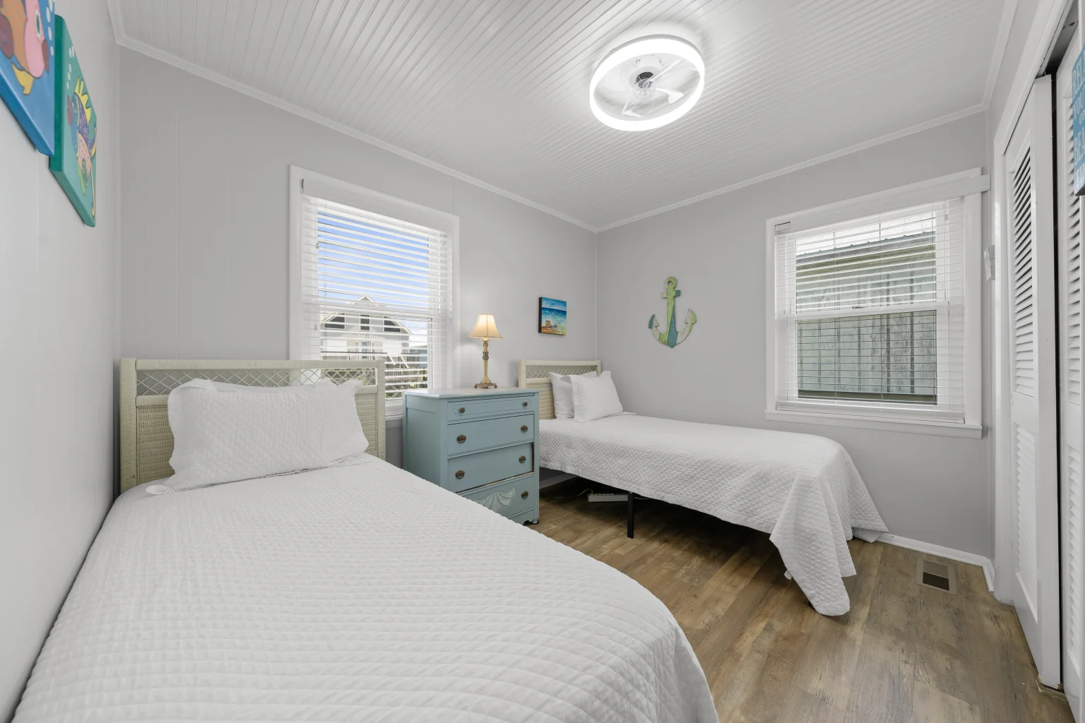 Twin bedroom with blue dresser, Beach Cottage