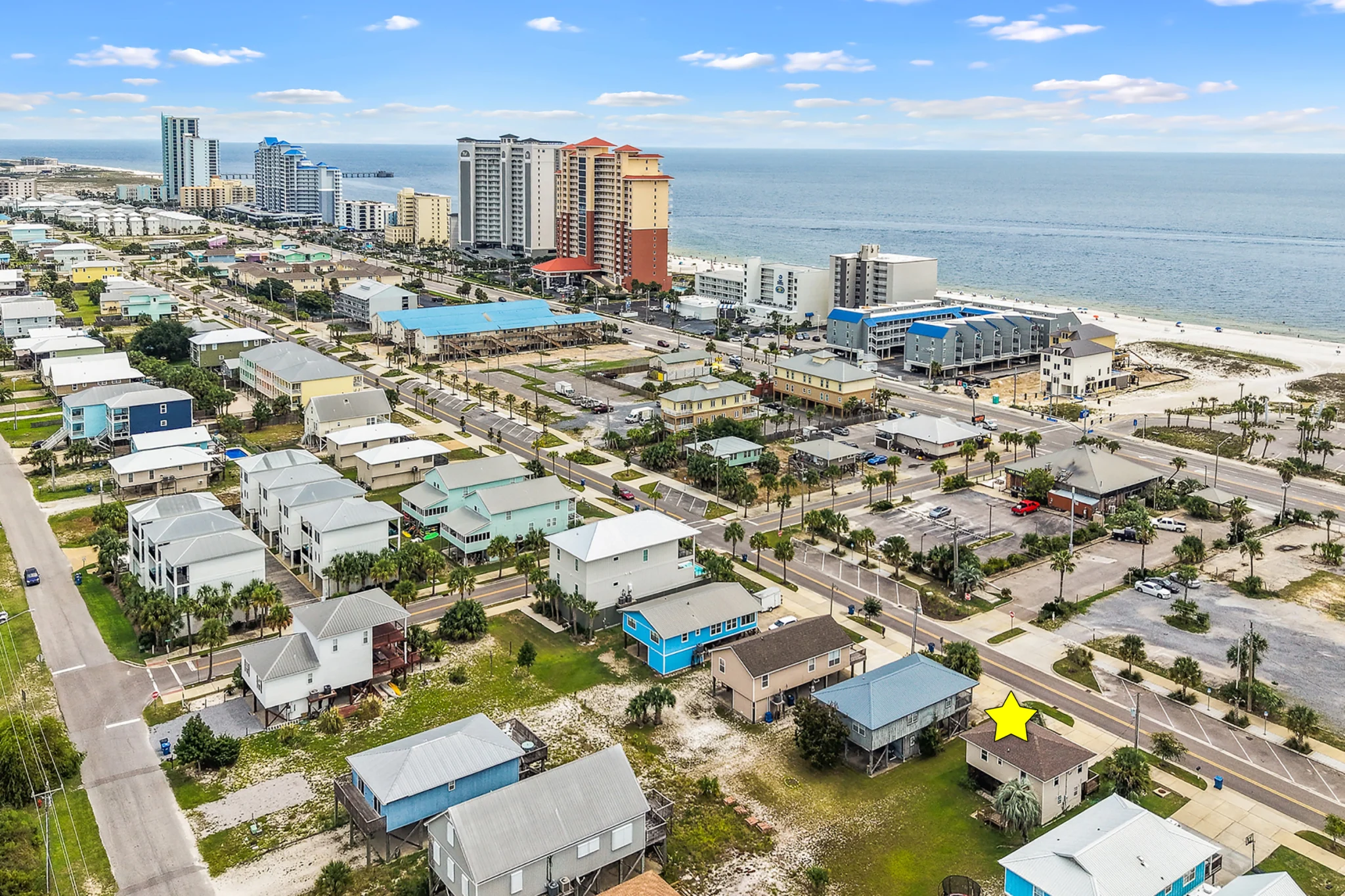 Gulf Shores from the air, the cottage marked with a star, Beach Cottage