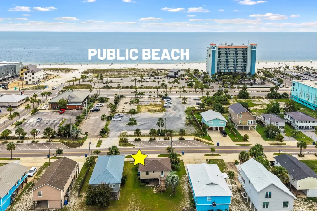 Beach Cottage from the air, a short walk to the public beach