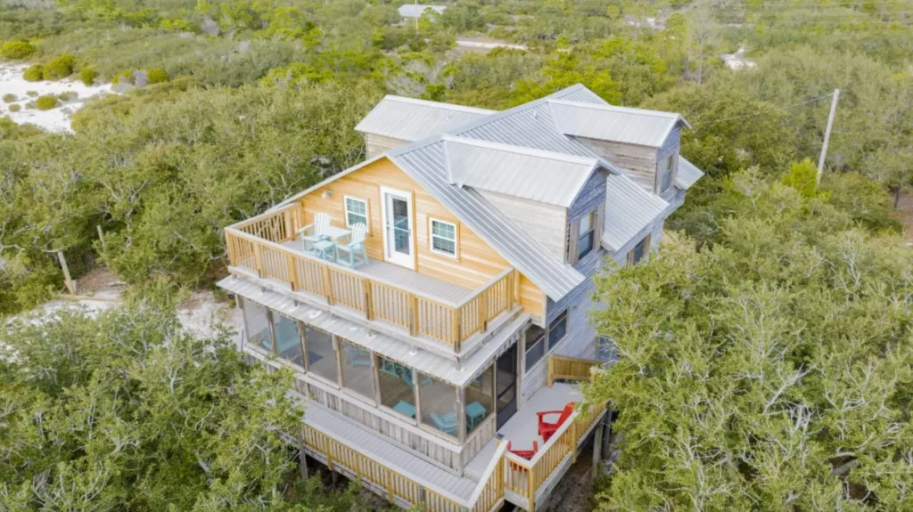 Tree Tops from above, a raised beach house among the trees