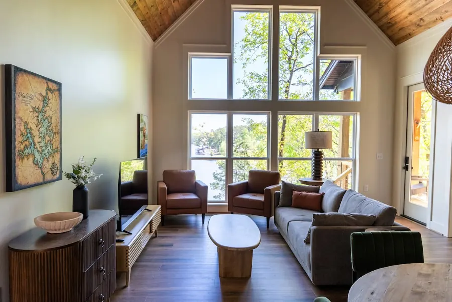 Tall windows over the lake at a cottage in Jacksons’ Gap