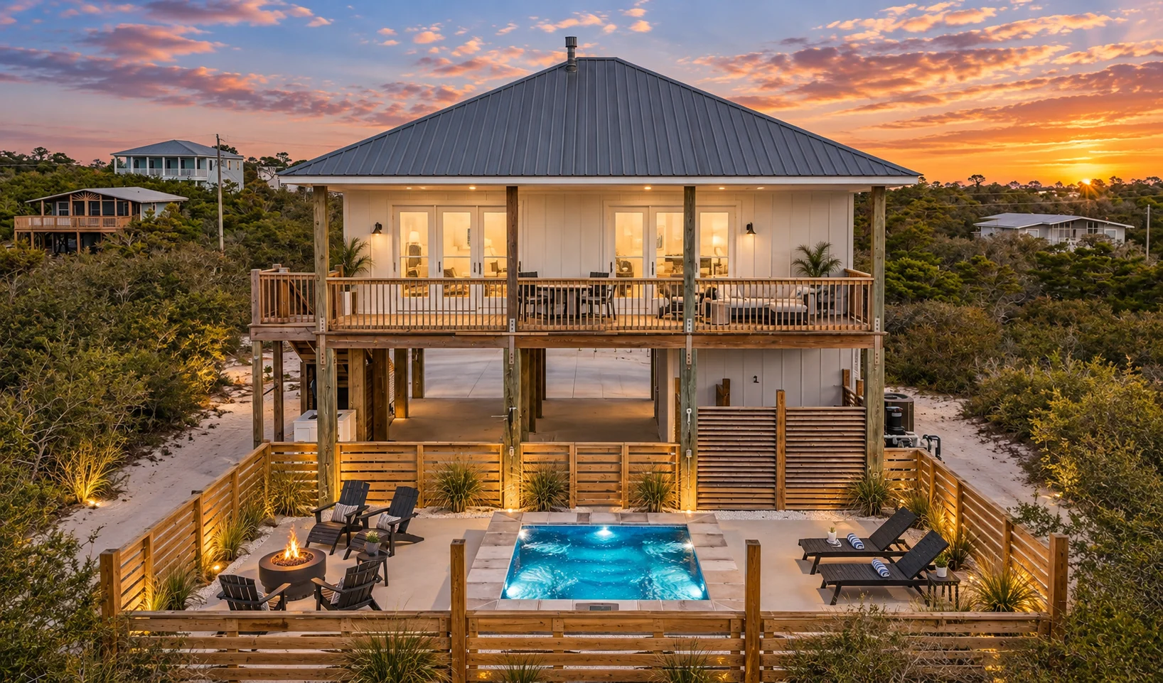 House at sunset with the lit cocktail pool and fire pit, Gulf Pearl