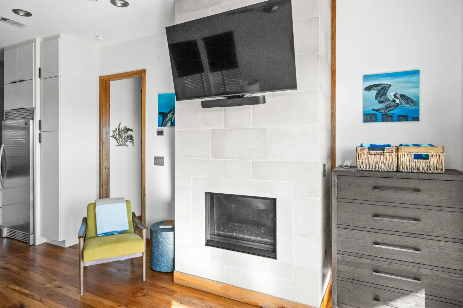 Fireplace wall with TV and dresser, Gulf Pearl