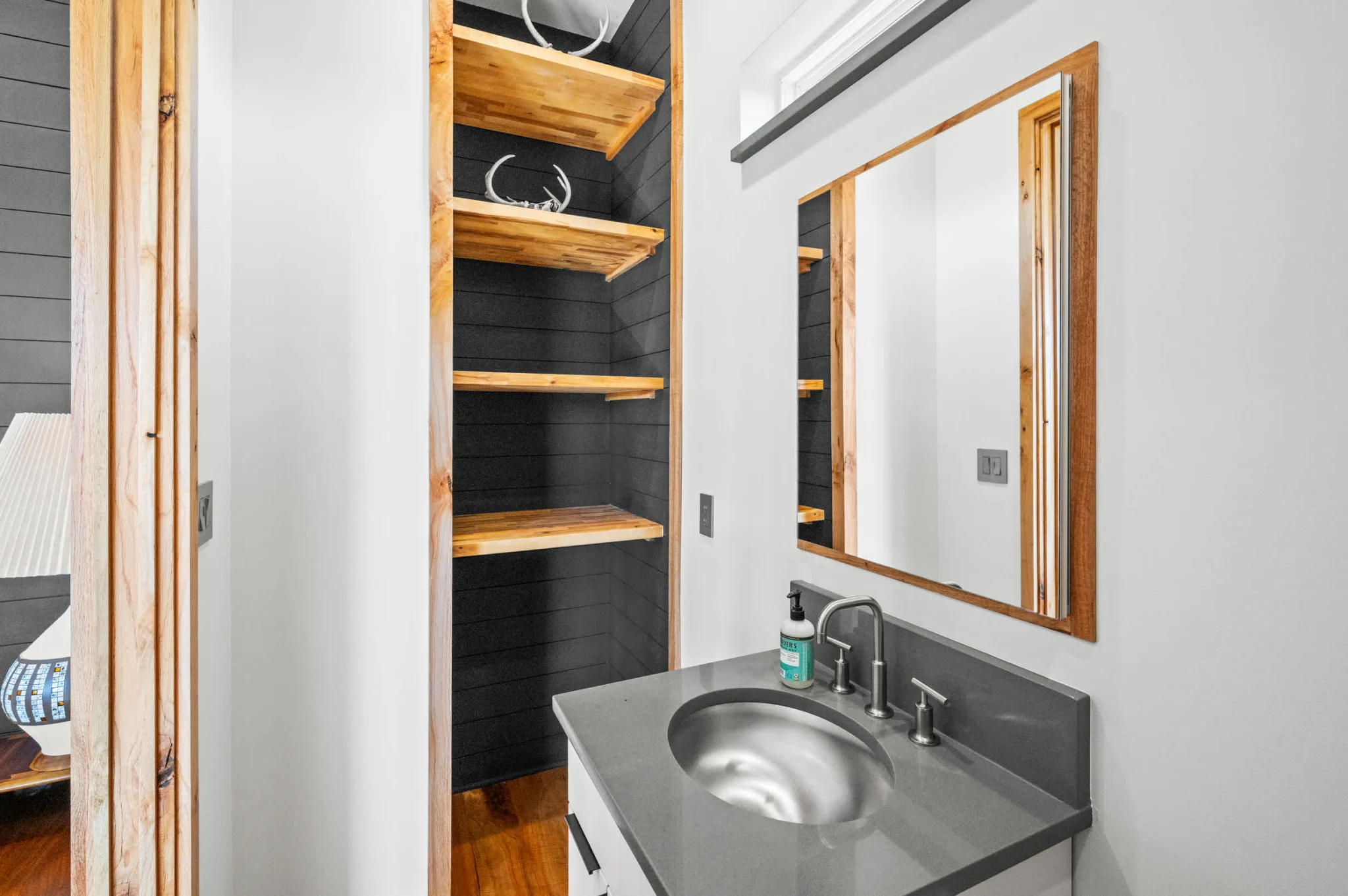 Bathroom vanity with open shelves, Gulf Pearl