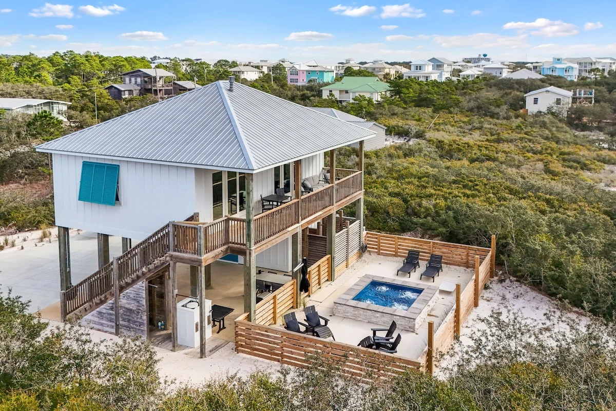 House and pool patio from the air, Gulf Pearl