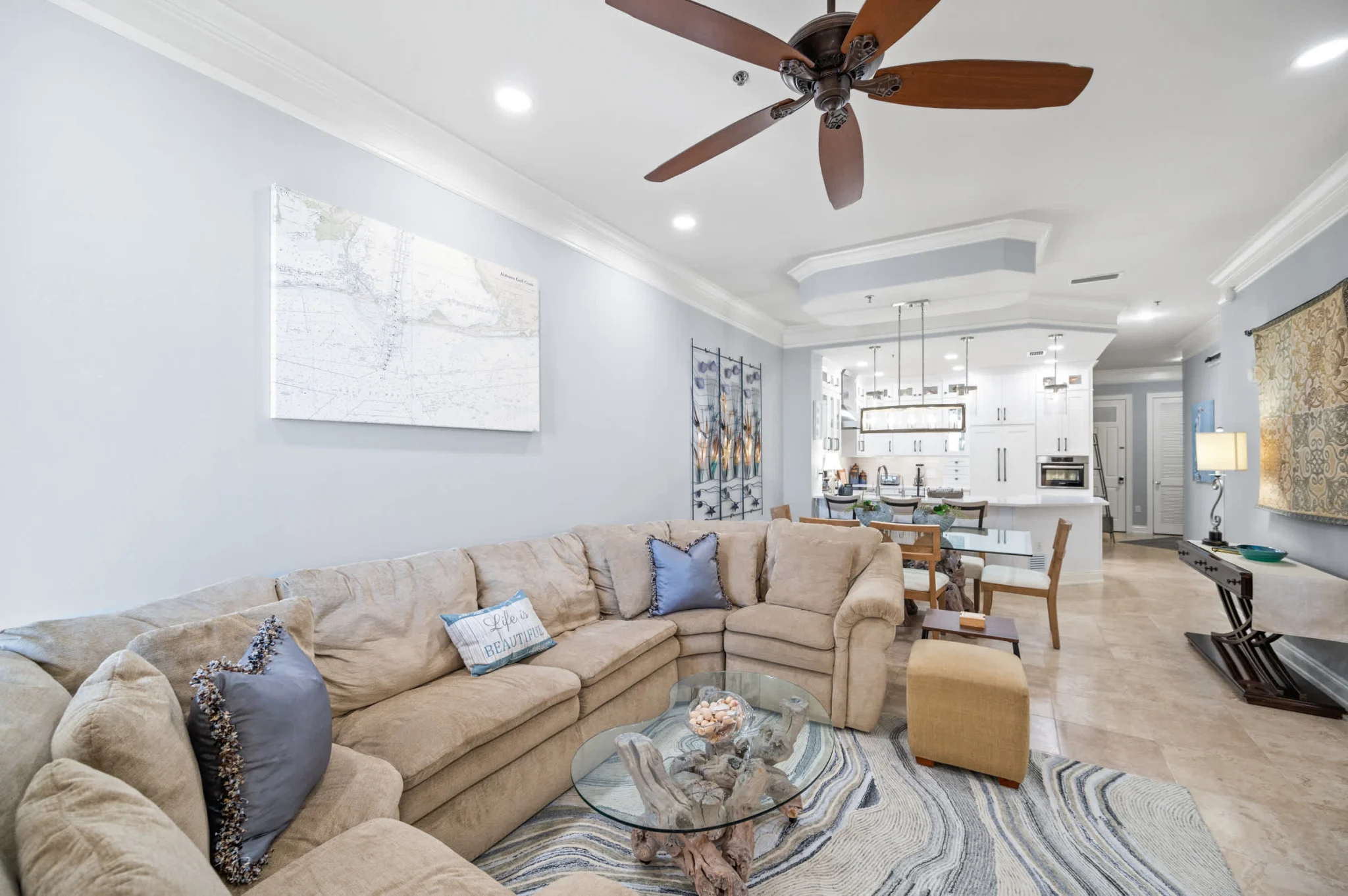 Sectional sofa toward the kitchen, High Tide Penthouse