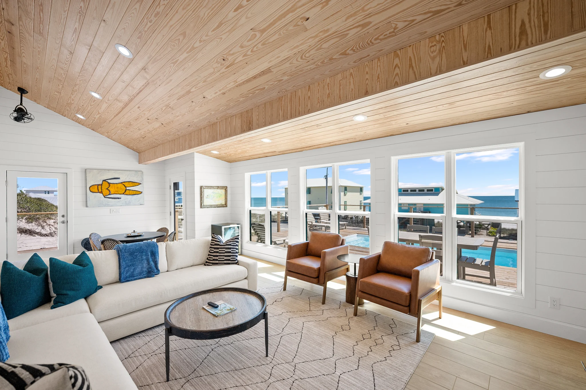 Living room with Gulf-view windows, Love Shack