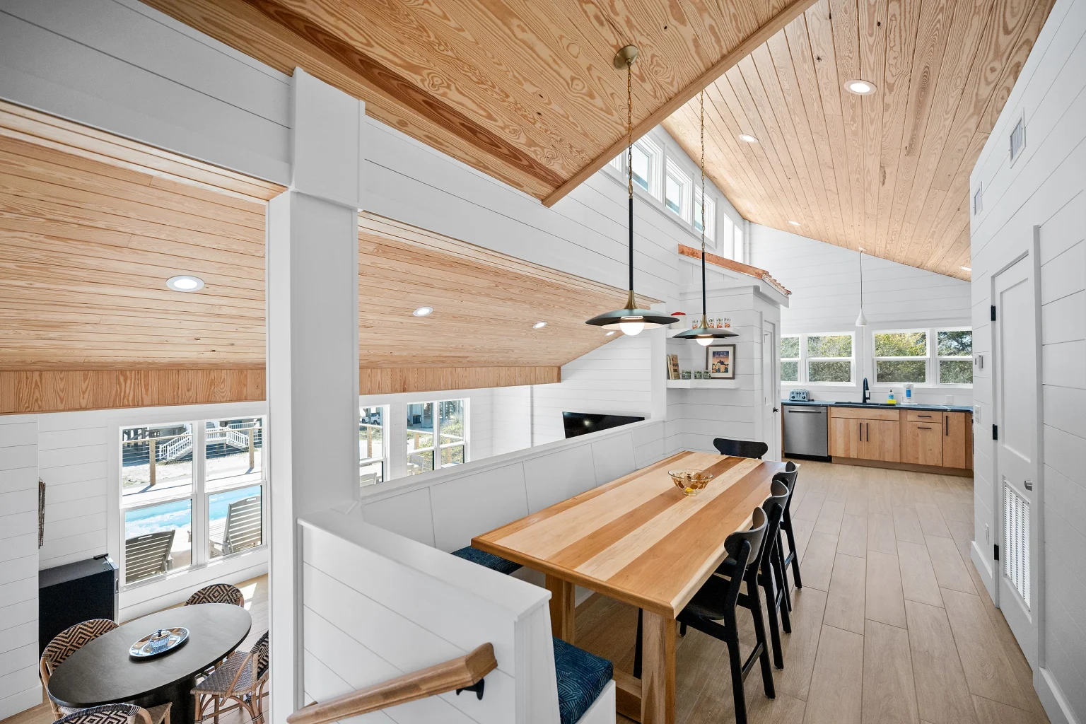 Dining table for eight below the kitchen, Love Shack