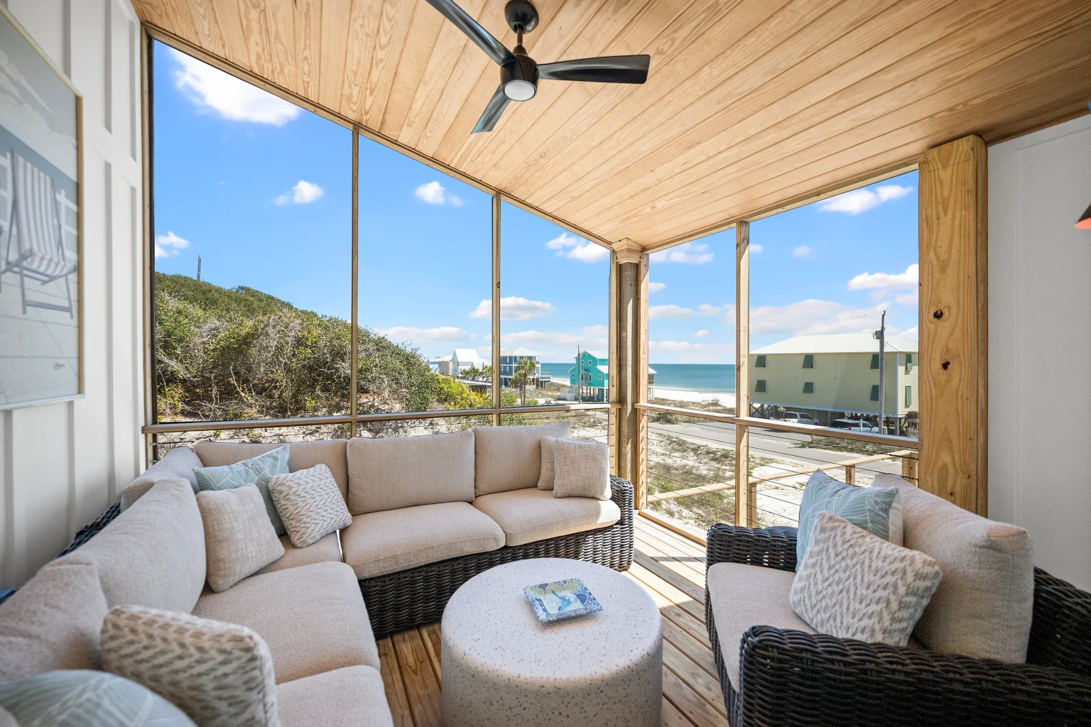 Screened porch with sectional seating and Gulf view, Love Shack