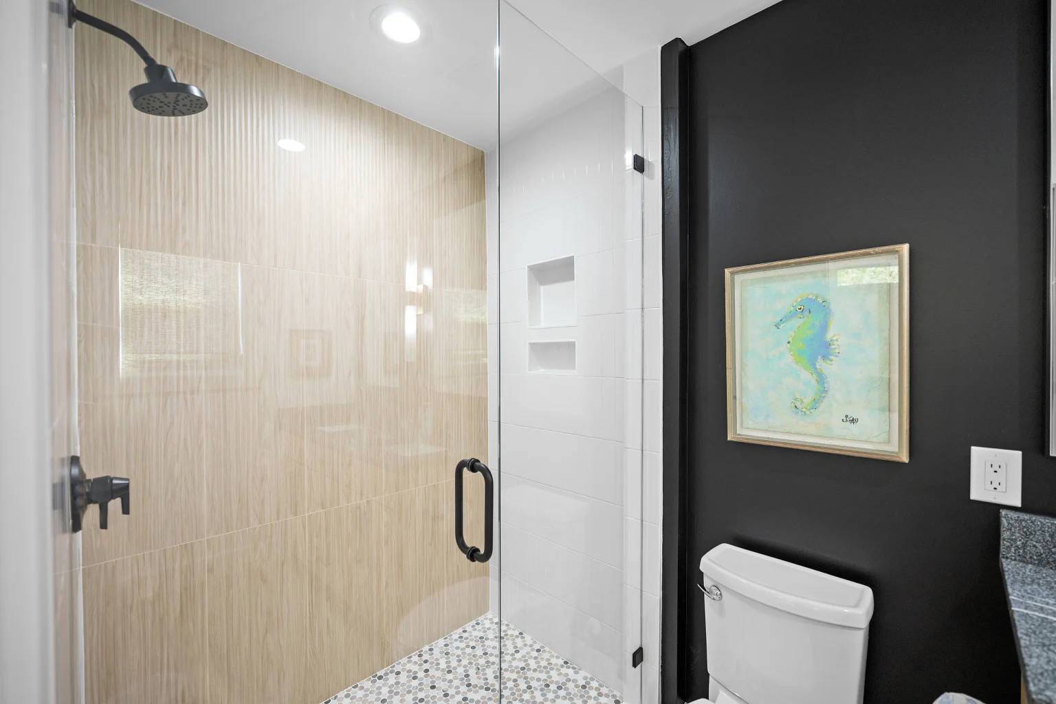 Walk-in shower with glass door, Love Shack