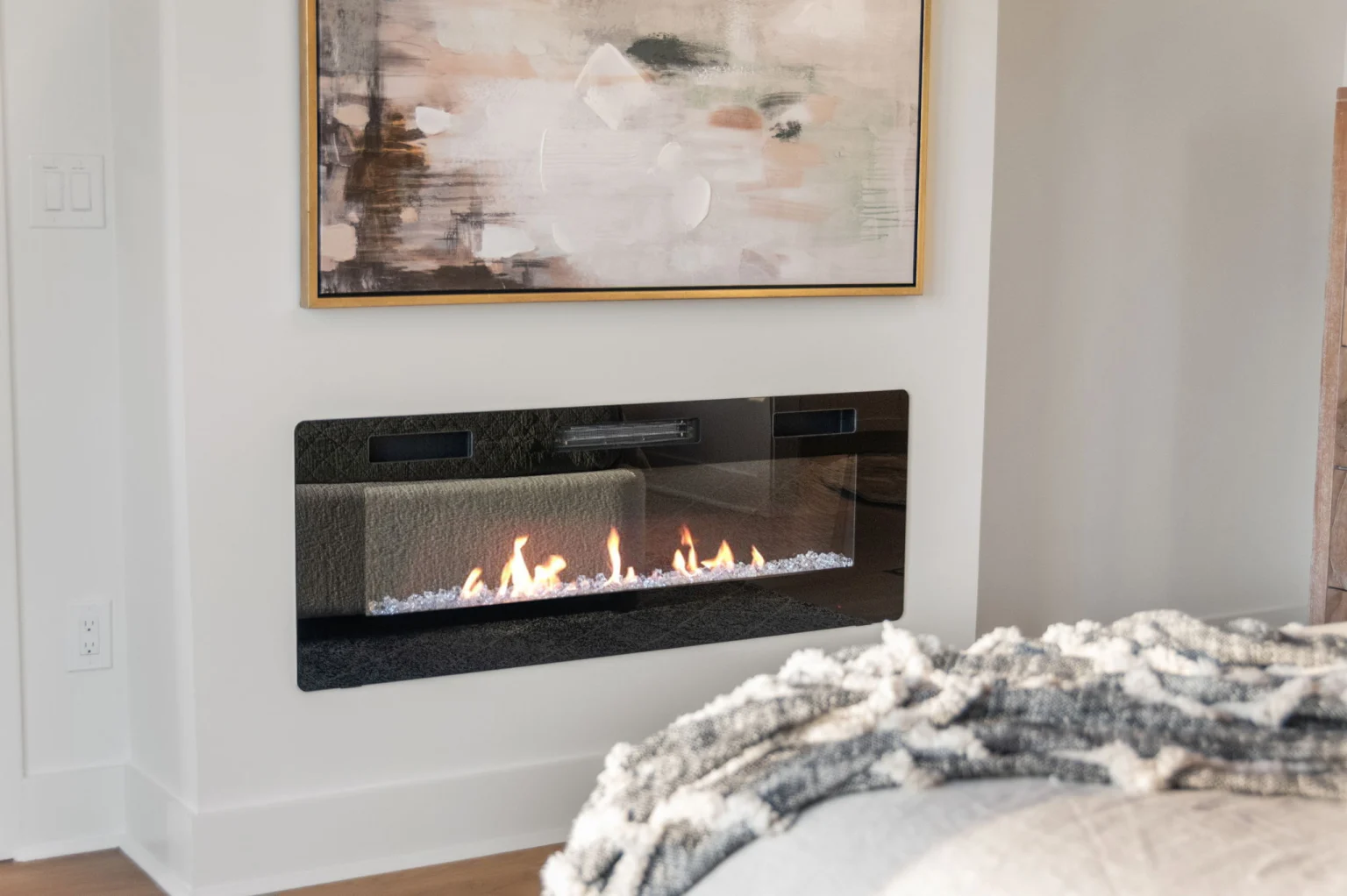 Electric fireplace in the primary bedroom, Modern Overlook