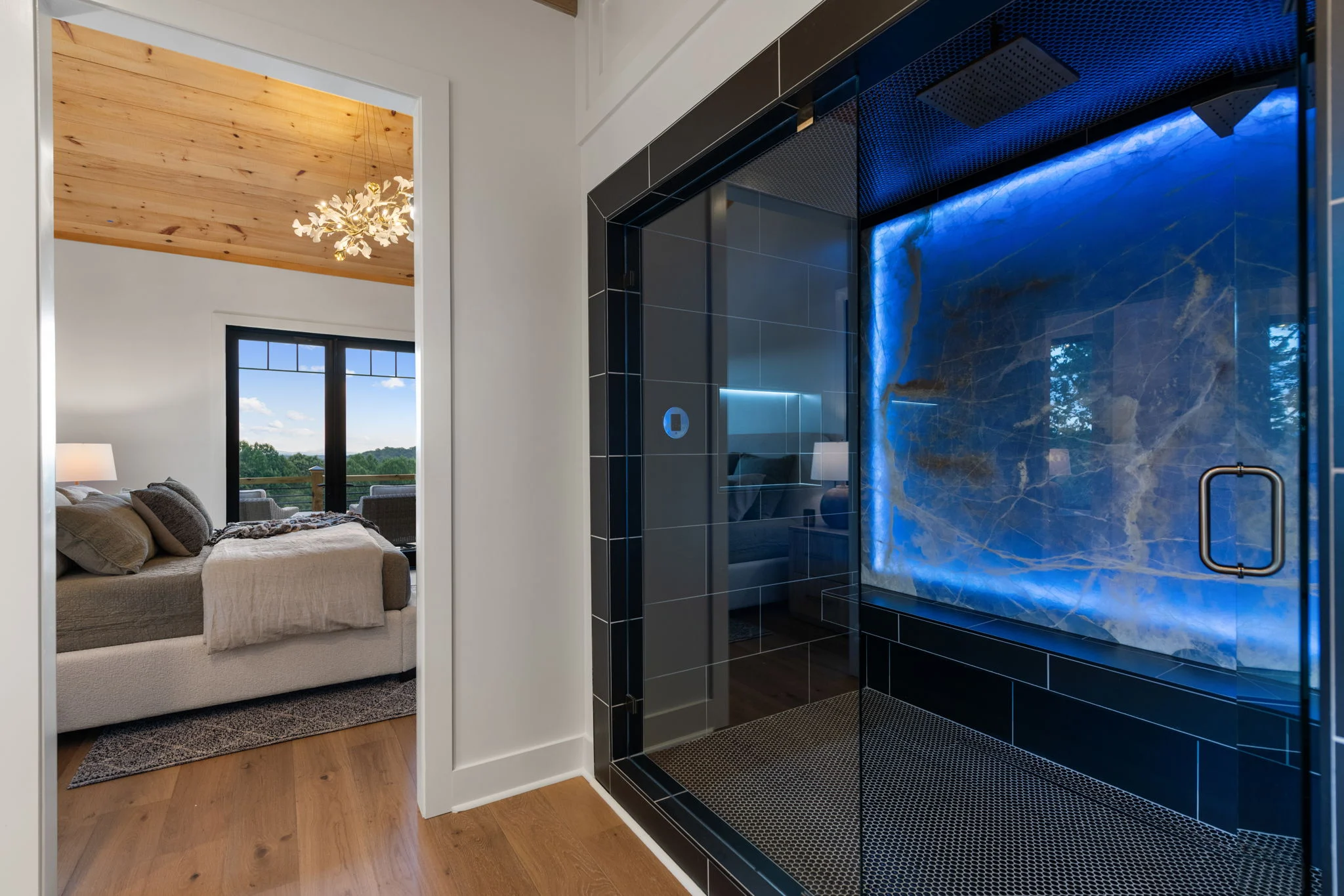 Steam shower with backlit onyx stone, Modern Overlook
