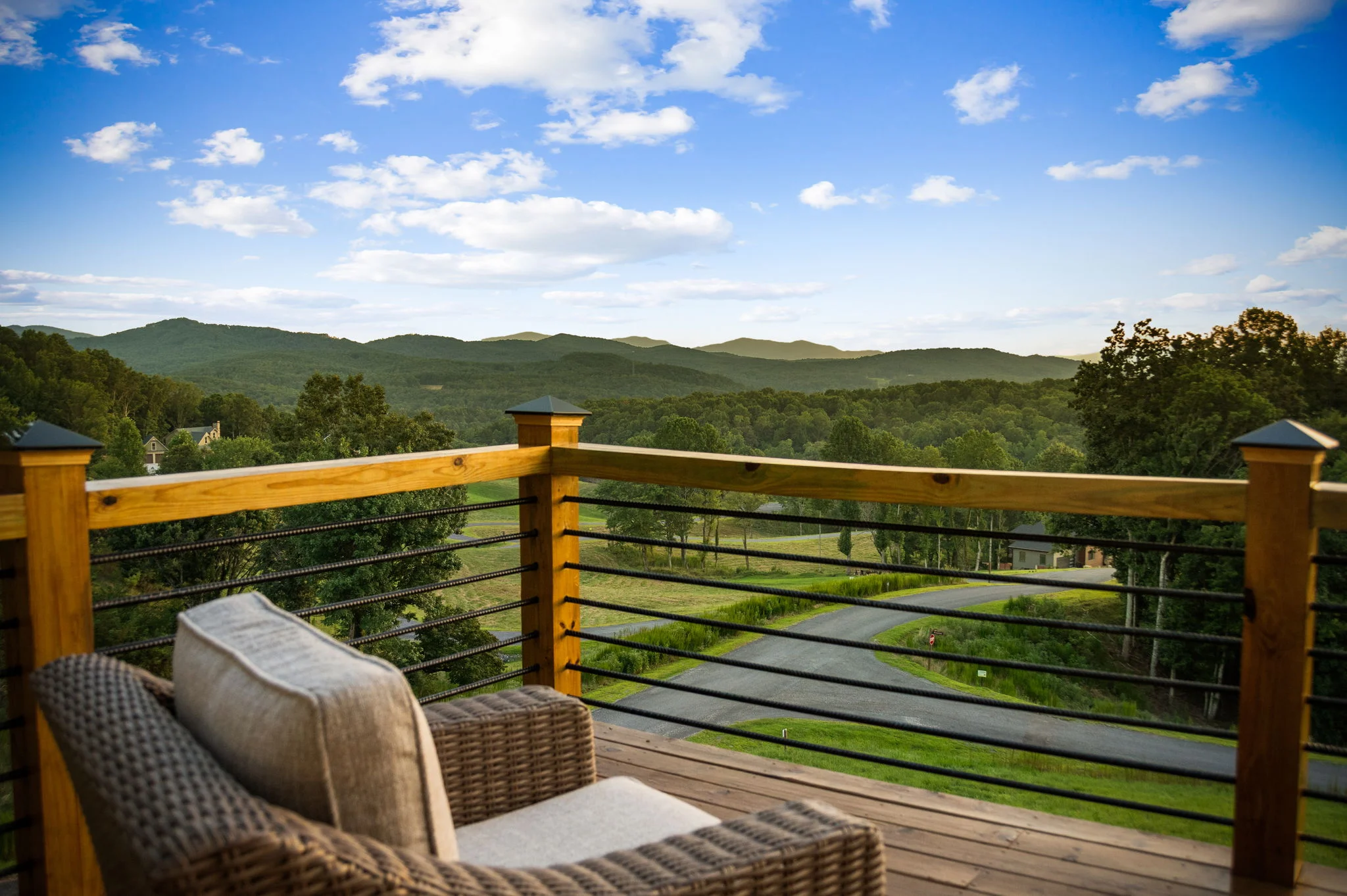 Covered deck with seating and mountain views, Modern Overlook