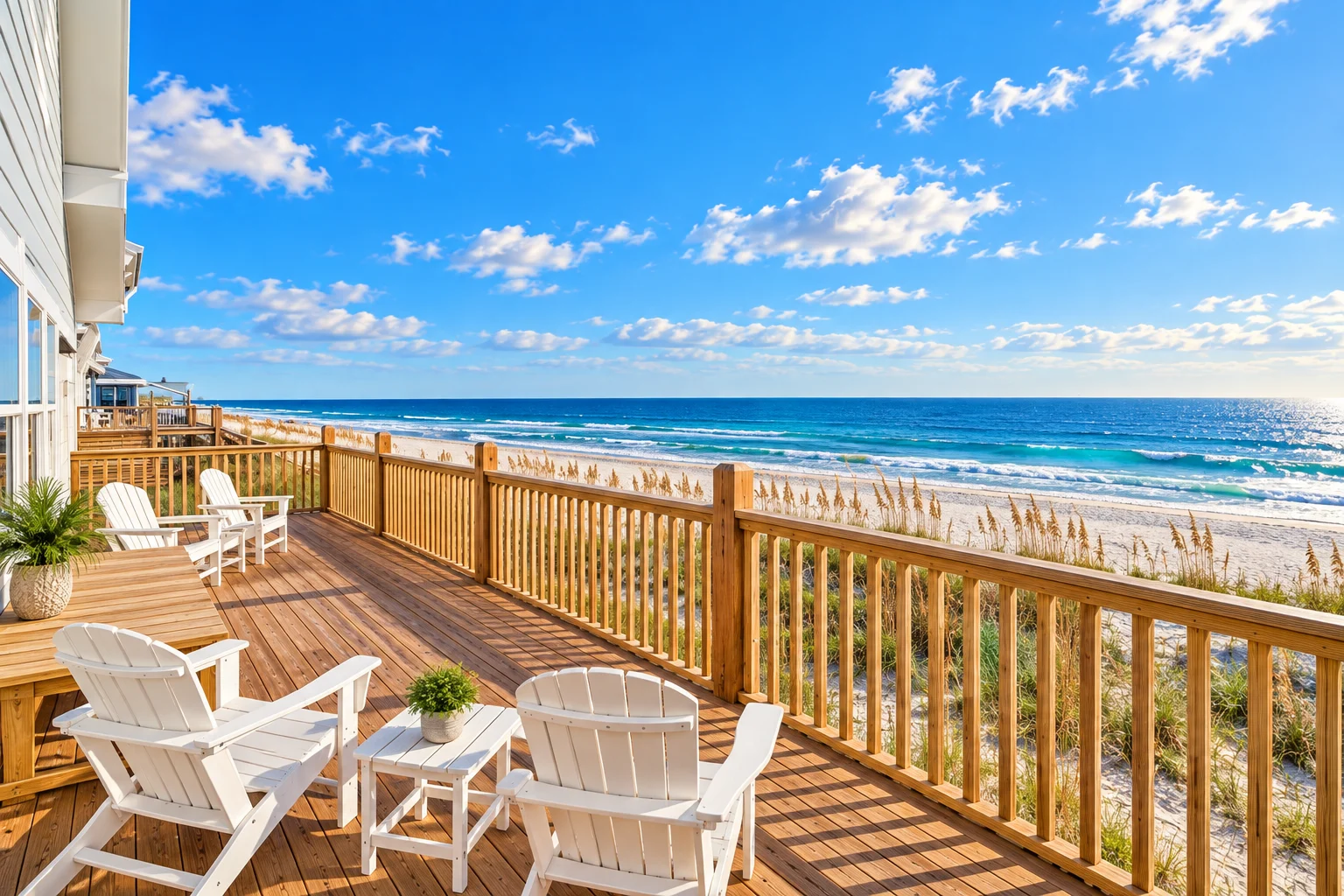 Wraparound deck with Adirondack chairs over the beach, Sands of Time