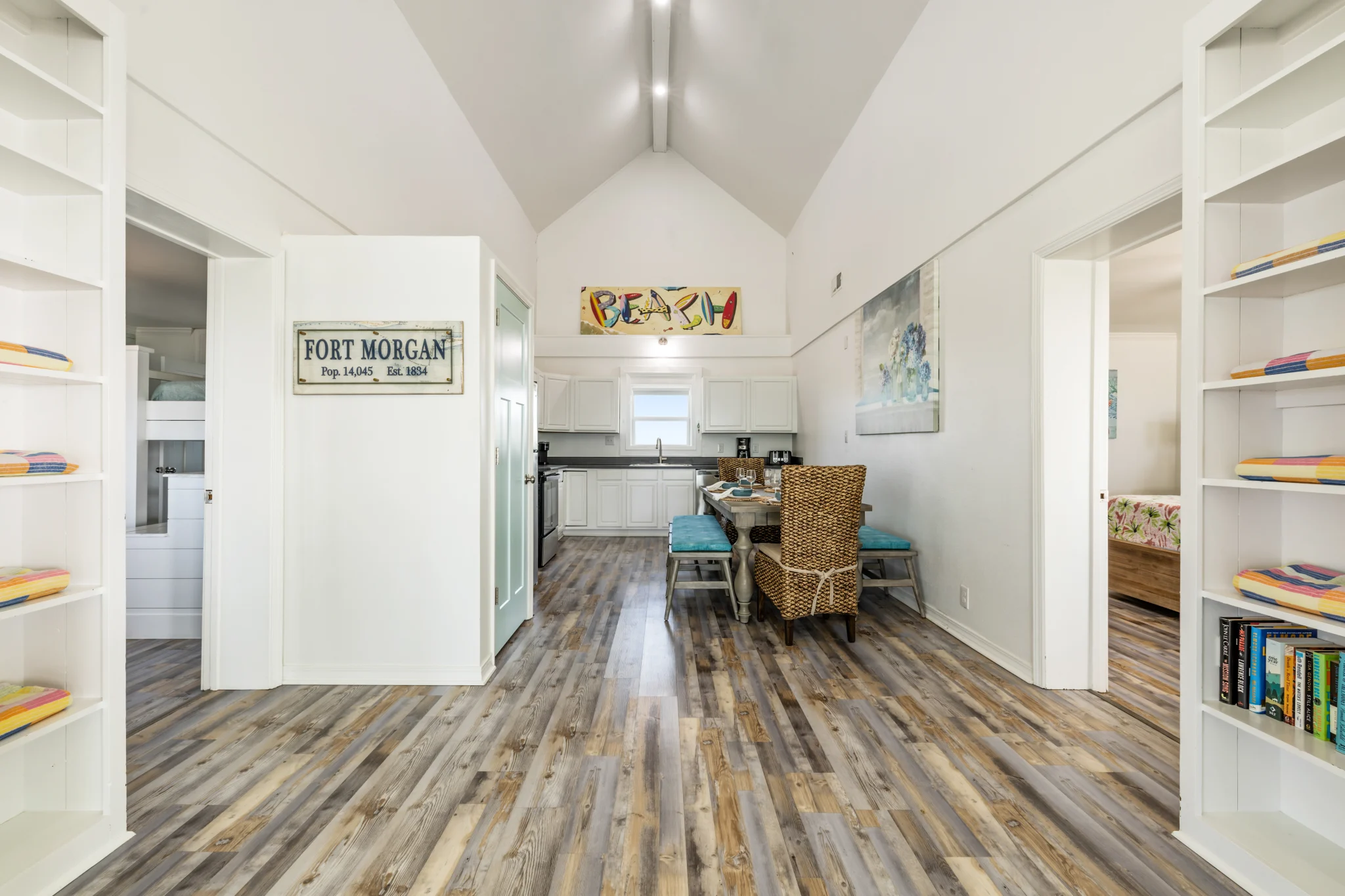 Hallway to the bunk rooms with built-in bookshelves, Sands of Time