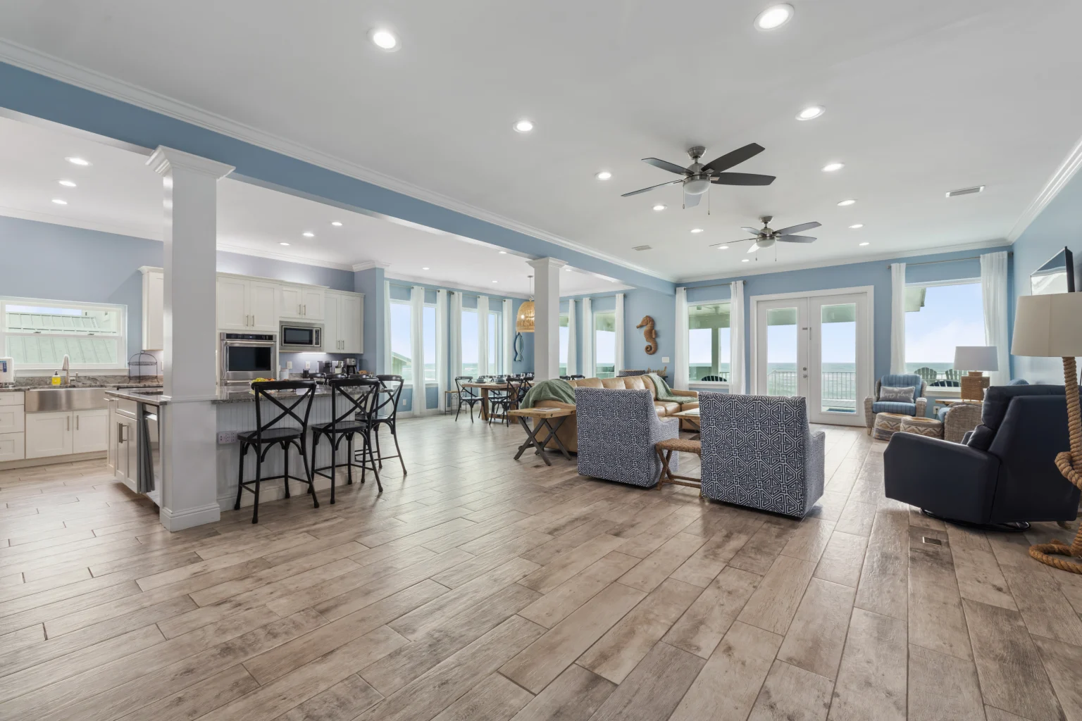 Open main floor from the kitchen island to the living room, Sea Bliss