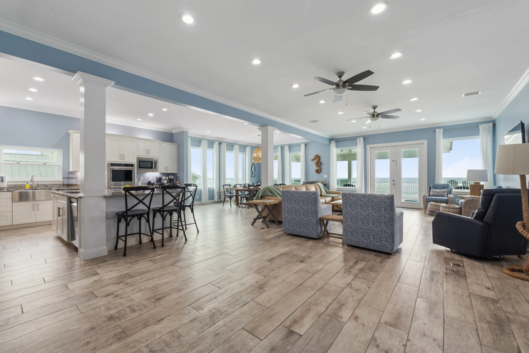 Open main floor from the kitchen island to the living room, Sea Bliss