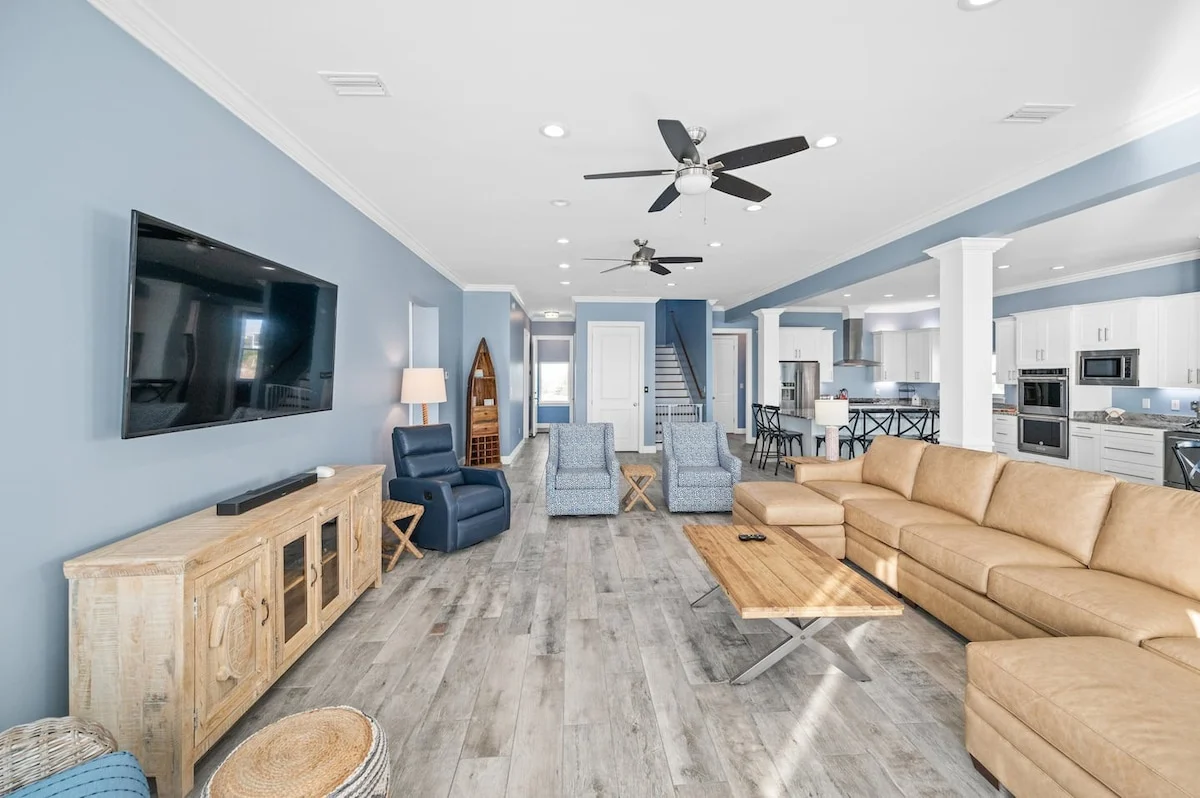 Sectional sofa, TV and kitchen beyond, Sea Bliss