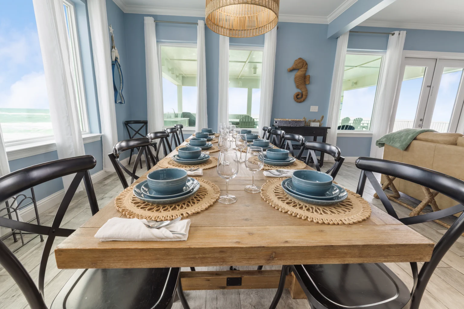 Dining table set with blue plates, Sea Bliss
