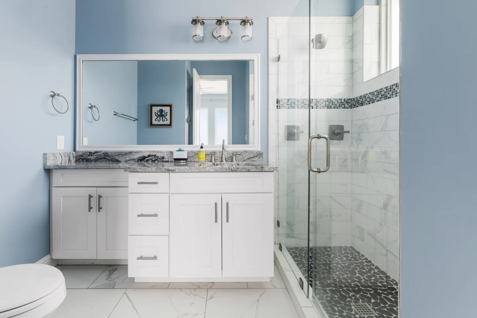 En-suite bathroom with double vanity and glass shower, Sea Bliss