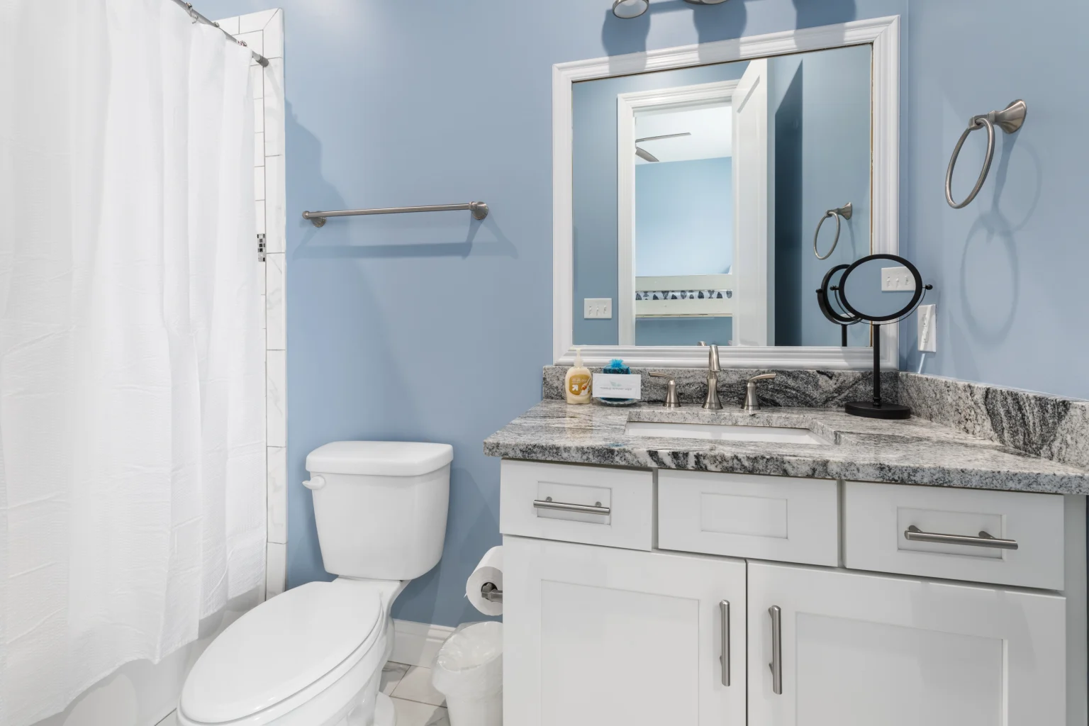 Bathroom with tub and shower curtain, Sea Bliss