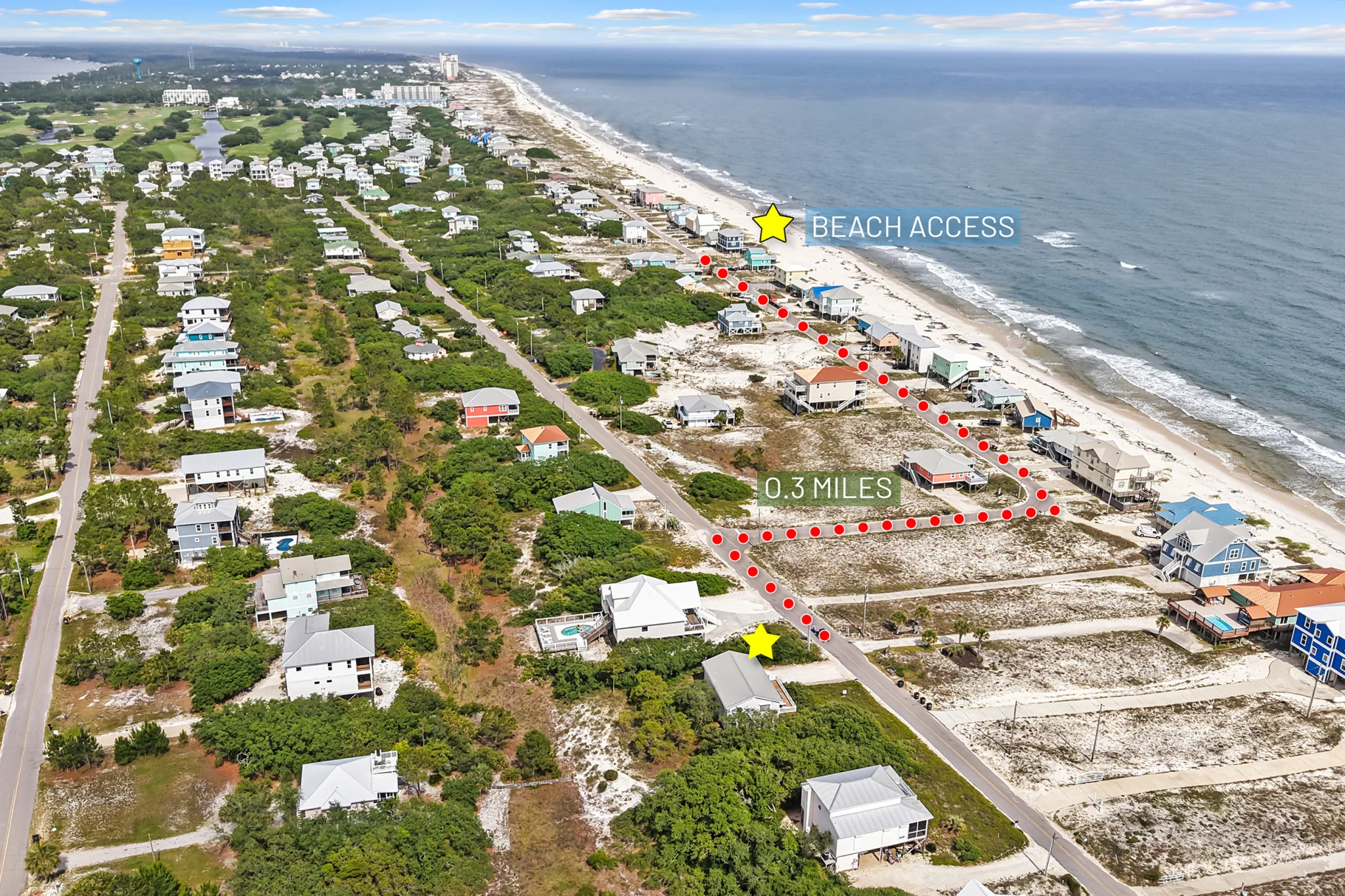Aerial map showing the walk from the house to the beach access, Sea Forever