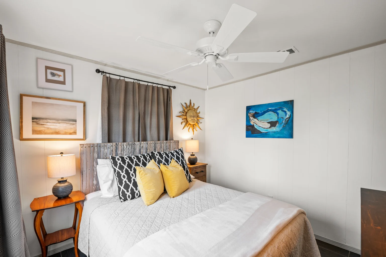 Queen bedroom with yellow pillows, Sea Forever