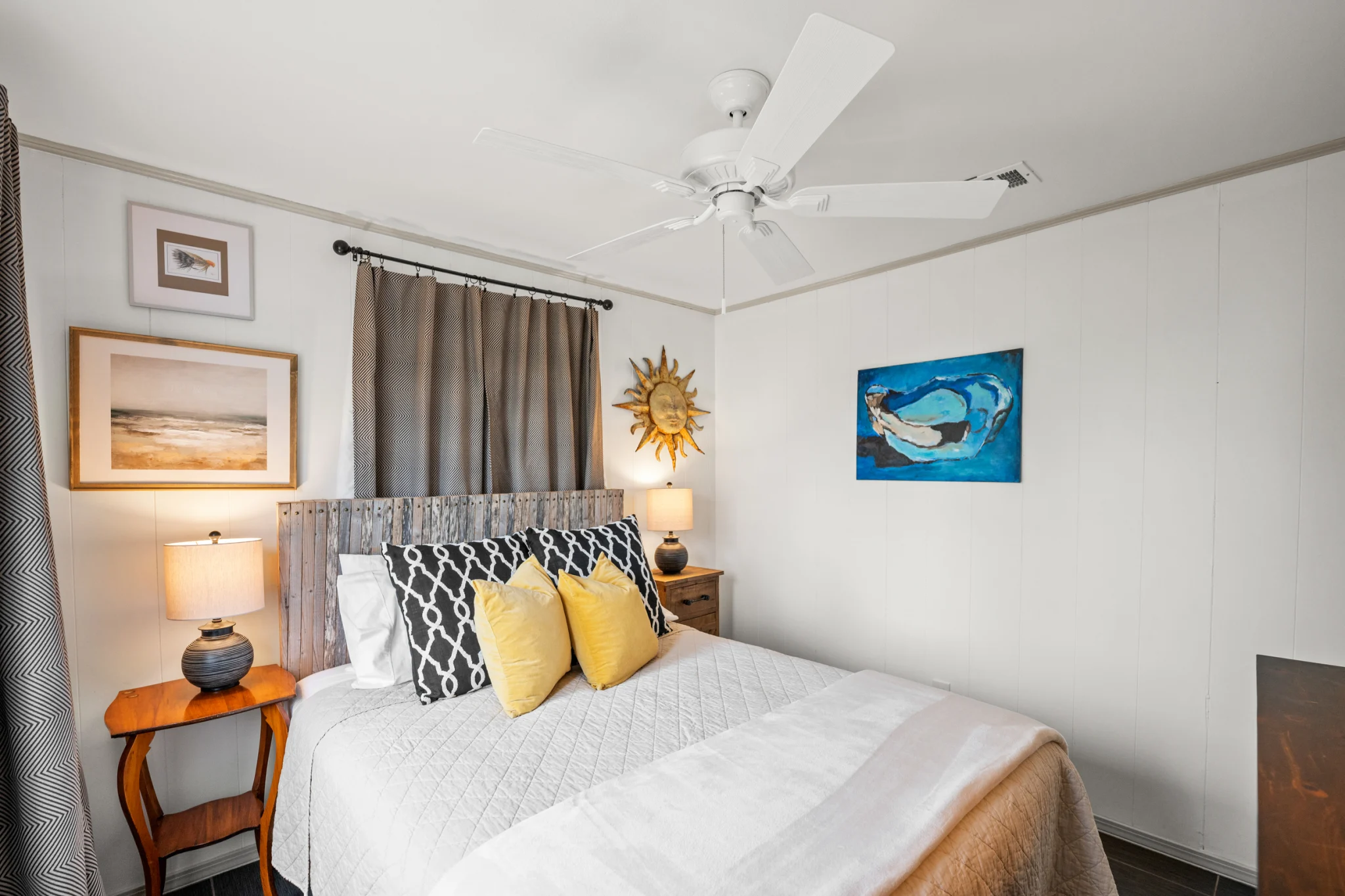 Queen bedroom with yellow pillows, Sea Forever