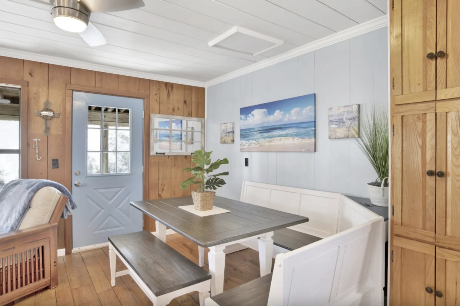 Dining nook with bench and back door, Tree Tops