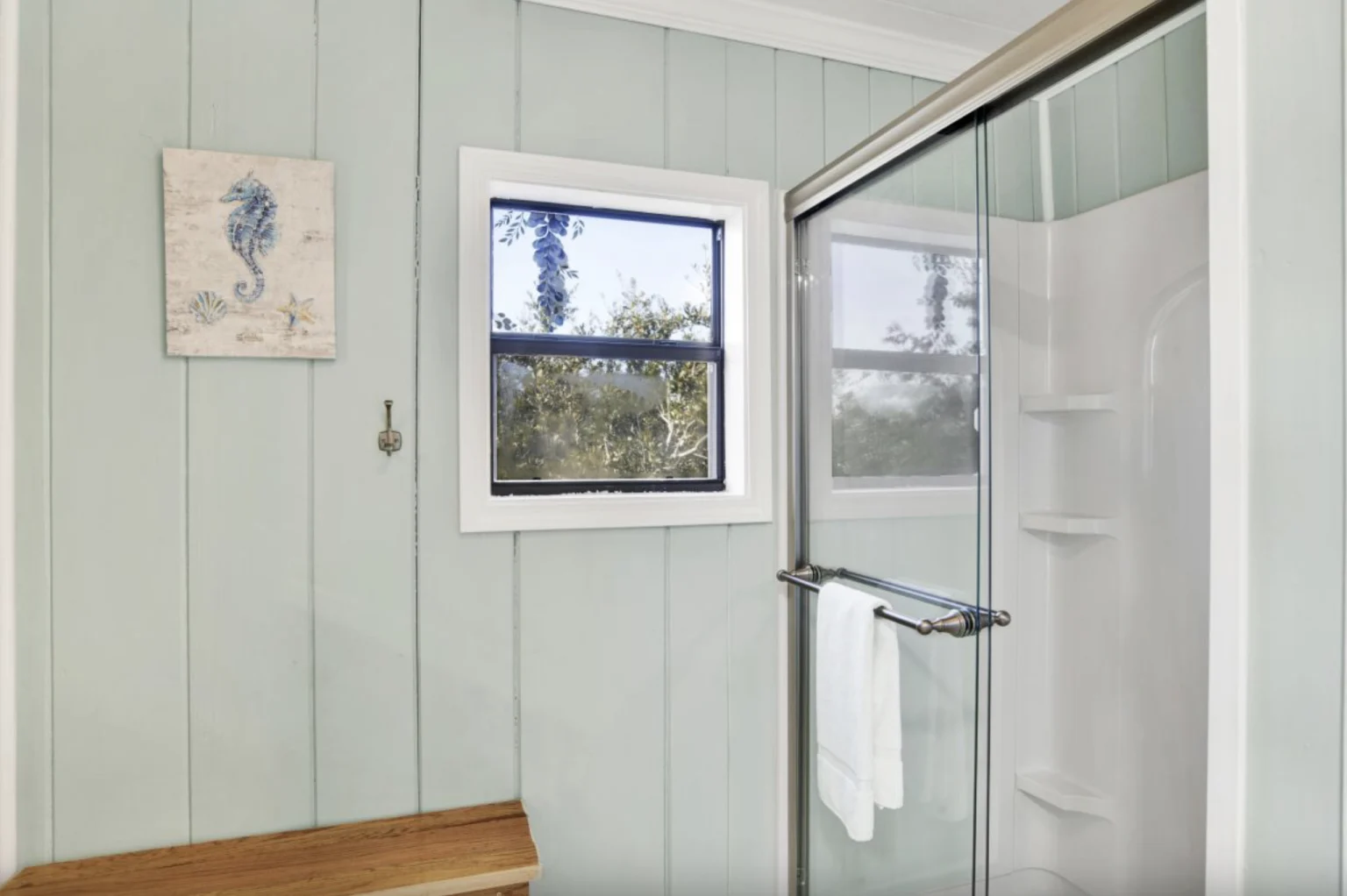 Glass shower with window, Tree Tops