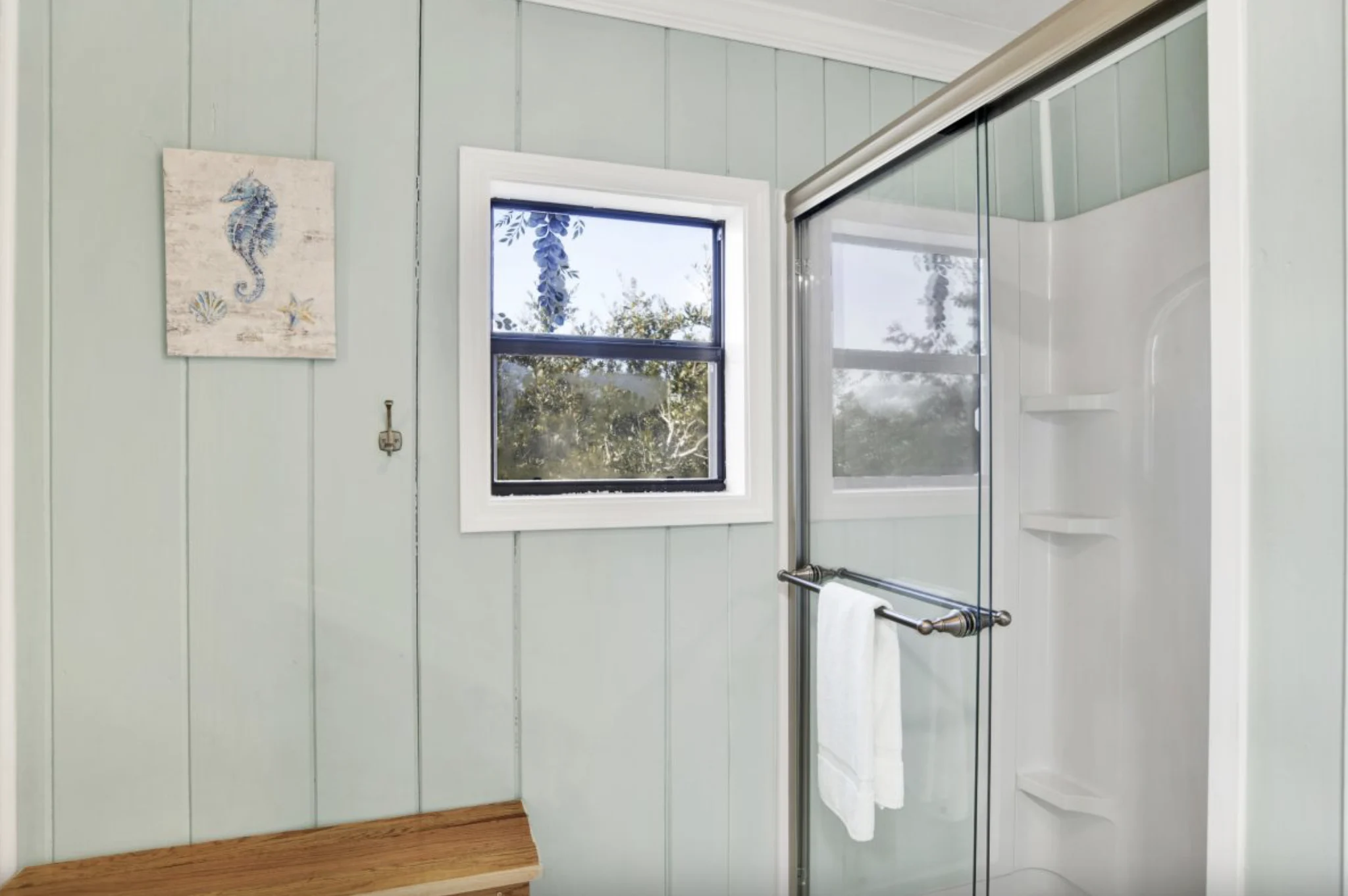 Glass shower with window, Tree Tops